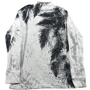 Love-T Shirt Womens Small White Feather Graphic Rhinestone Mock Neck Long Sleeve